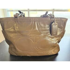 Coach Patent Leather Signature Tote Bag Brown Taupe Olive Neutral Shoulder Bag